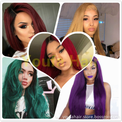 Brazilian Straight Human Hair Swiss Lace Frontal Virgin Hair Pre Colored 13x4 Ombre 2 Tone 1b Purple/Pink/99J/Burg Plucked Hair